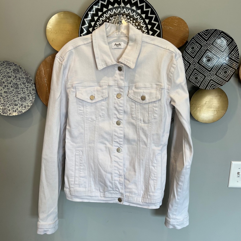 Amalli Talli Womens NWOT‎ White Denim Trucker Jacket Tall Small  Collared Button